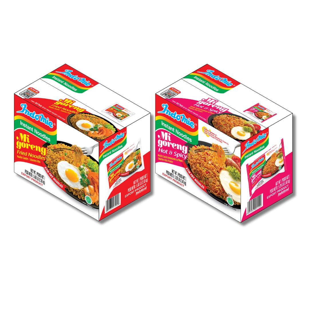 Indomie Mi Goreng Instant Stir Fry Noodles, Halal Certified, 30 Original & 30 Hot and Spicy Flavor (Pack of 60)