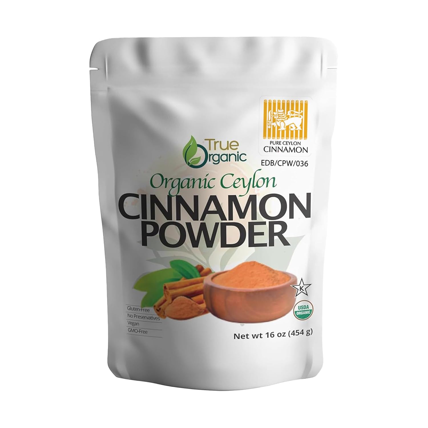 True Organic Pure Ceylon Cinnamon Powder, 1 lb, Premium Grade, Gluten Free, USDA & Kosher Certified, Organic Ground Cinnamon powder, Non-GMO, Ceylon Premium Quality