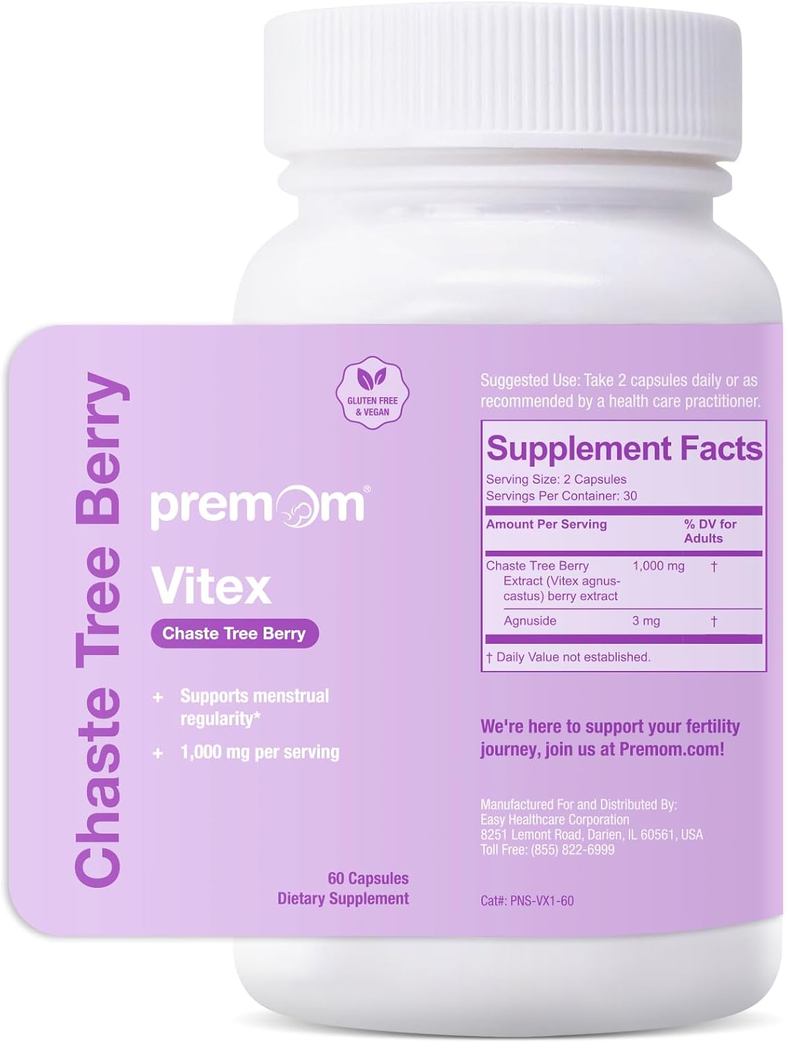 Premom Vitex Chaste Tree Berry: 500mg Vitex Chasteberry Supplement Supports Hormone Balance & Fertility Supports Menstrual Cycle Regularity PMS Support Supplement for Women Vegan Non-GMOs