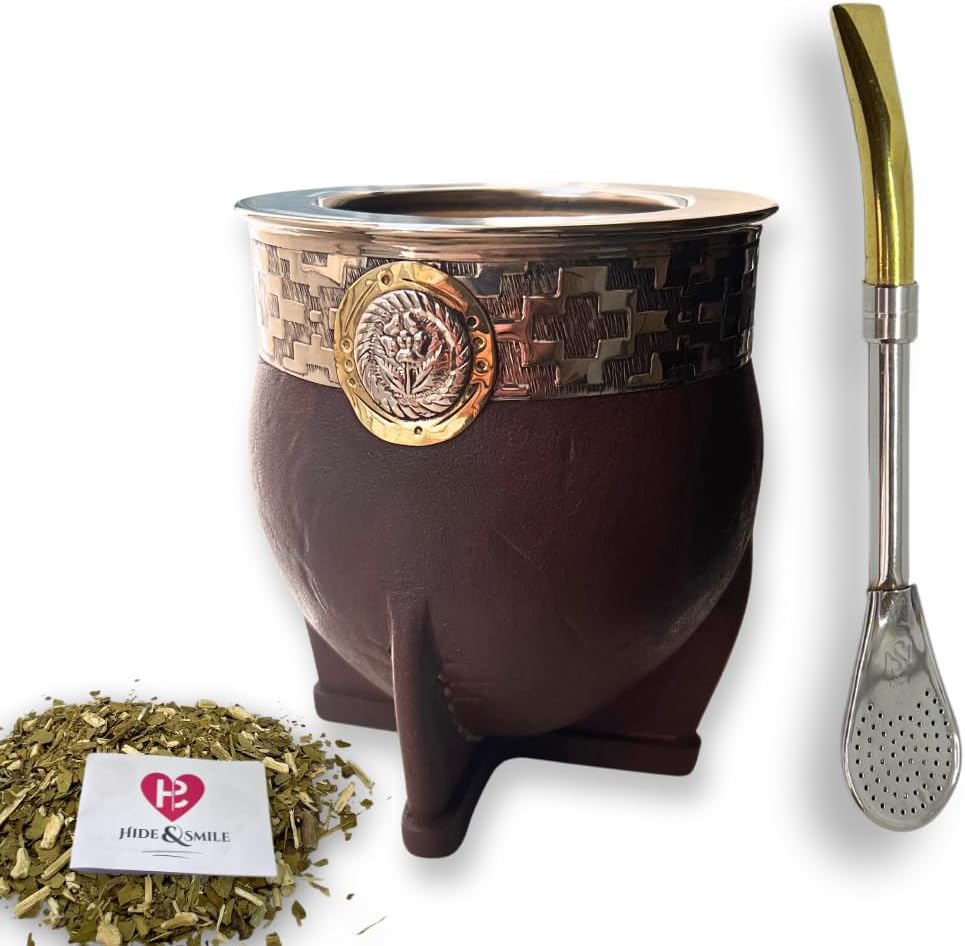 Hide & Smile Imperial Premium Handmade Mate Kit, pumpkin and leather Cup And Bombilla Set, Authentic Argentine Mate Gourd Tea, Includes Straw, Souvenir from Argentina, Original Design (Brown)