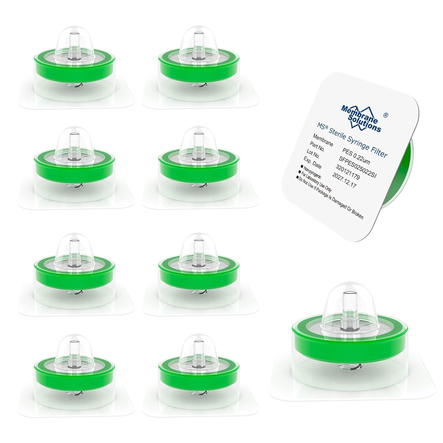Membrane Solutions 10 Pack Syringe Filter Sterile PES Hydrophilic Filtration 0.22um Pore Size, 33mm Membrane Diameter Sterile PES Membrane Individually Packed