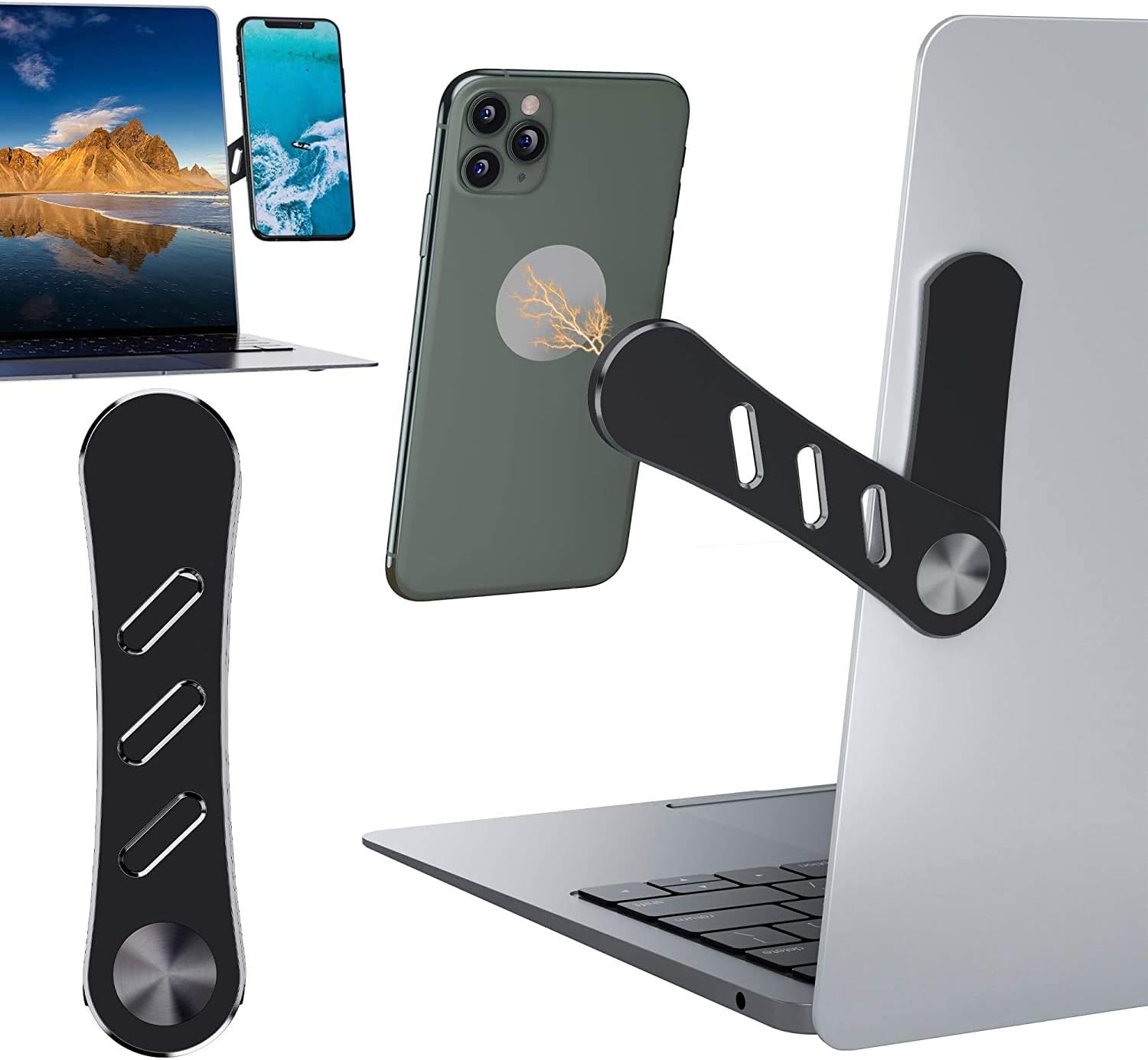 DK177 Magnetic Phone Holder, Laptop or Desktop Monitor Side Mount Phone Holder, Slim Portable Foldable Computer Expansion Bracket Compatible with All Phone, Black