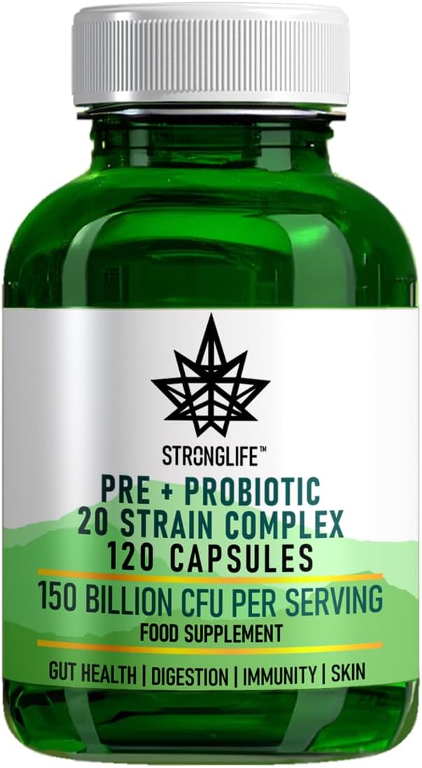 Stronglife Probiotic Complex with Prebiotic - 150 Billion CFU 20 Strains - with Lacto Bifido Entero & Strepto Probiotics for Gut Health - 120 Capsules Lactobacillus Acidophilus, Bifidum & More