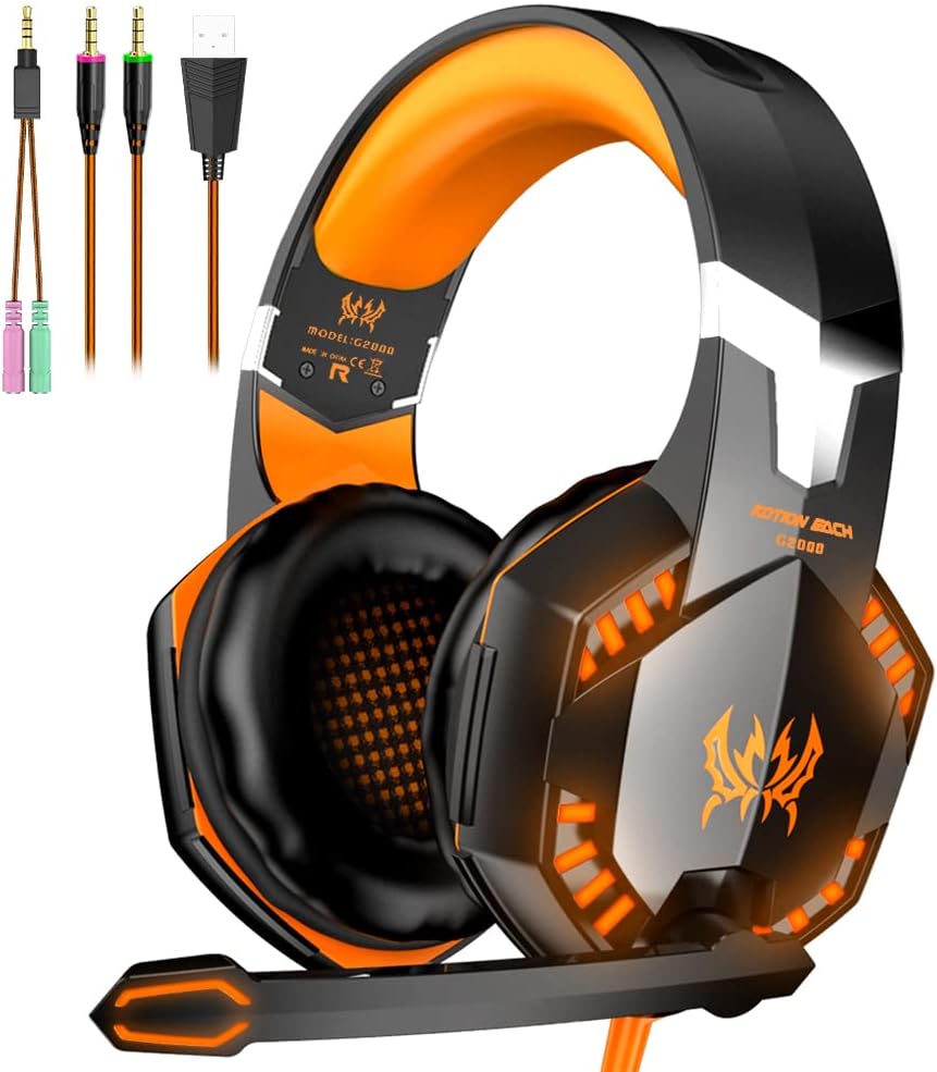 VersionTECH. G2000 Gaming Headset, Surround Stereo Gaming Headphones with Noise Cancelling Mic, LED Lights & Soft Memory Earmuffs for Xbox One, PS4, Nintendo Switch, PC Mac Computer Games- Orange