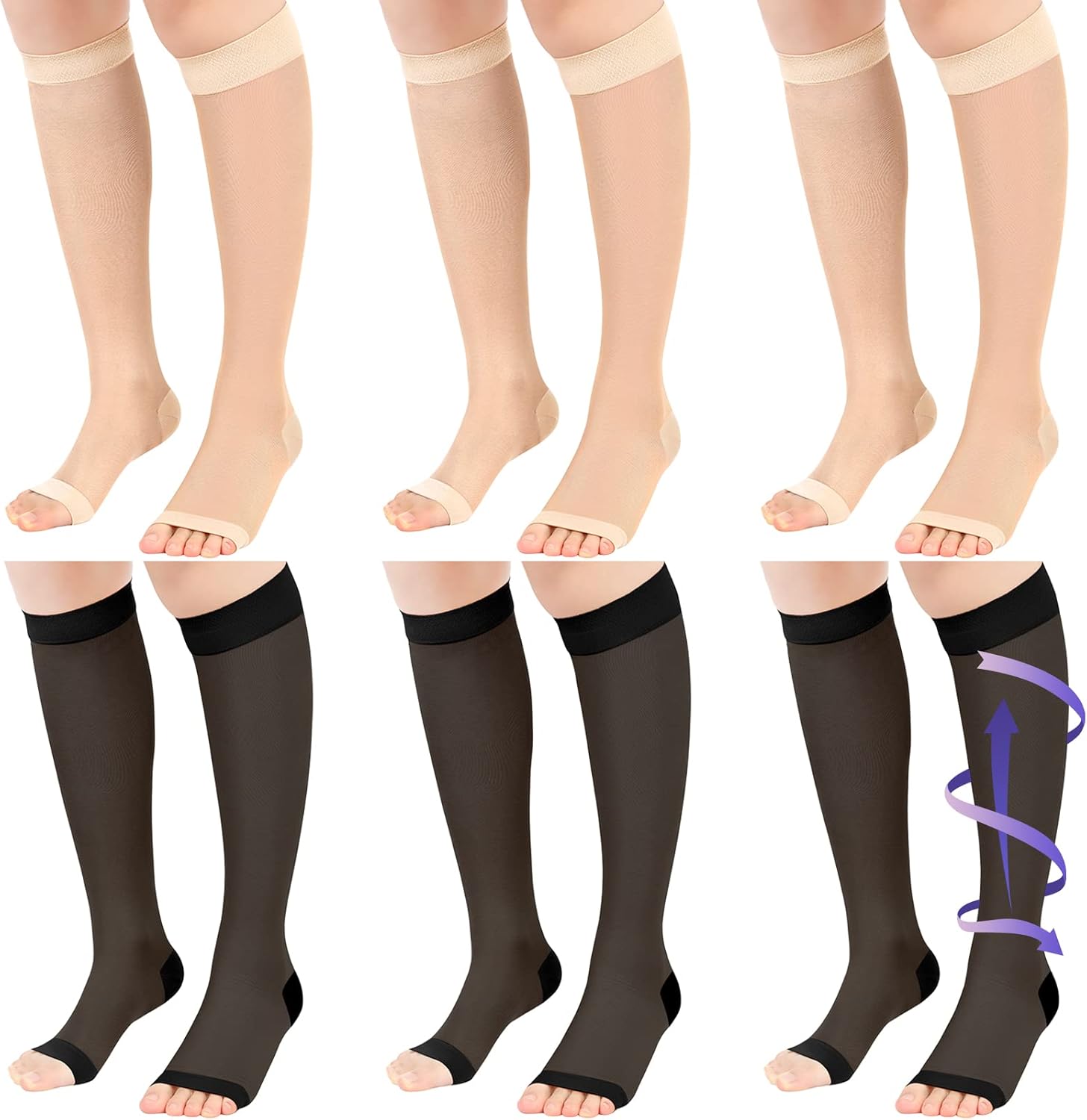 6 Pairs Open Toe Sheer Compression Socks 20-30mmhg Sheer Knee High Compression Stockings for Women Ladies, Large Size