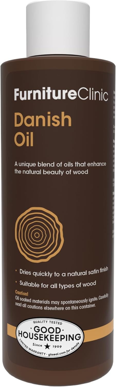 Furniture Clinic Danish Oil | Wood Care for Interior & Exterior Furniture | Restore, Seal & Protect Oak, Pine, Teak & More | Non-Toxic Natural Satin Finish | Repels Water, Stains, Dirt | 8.5oz/250ml
