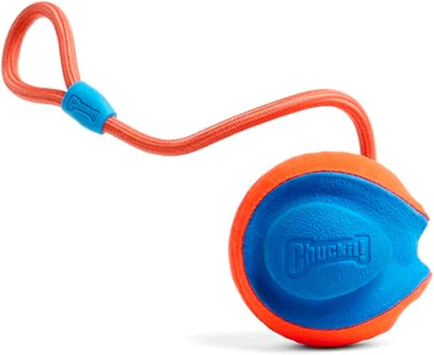 Chuckit! Rope Fetch Dog Toy - Ball on Rope Fetch and Tug-of-War Toy for Dogs - Durable EVA Rubber Construction - 5.5-inch Diameter - 18-inch Rope - Orange and Blue