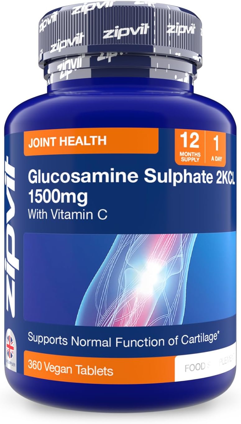Zipvit High Strength Glucosamine Sulphate 2KCl 1500mg with Vitamin C, 12 Month Supply, Supports Bones and Cartilage Function, 360 Vegan Tablets, Joint Care Supplement for Men & Women