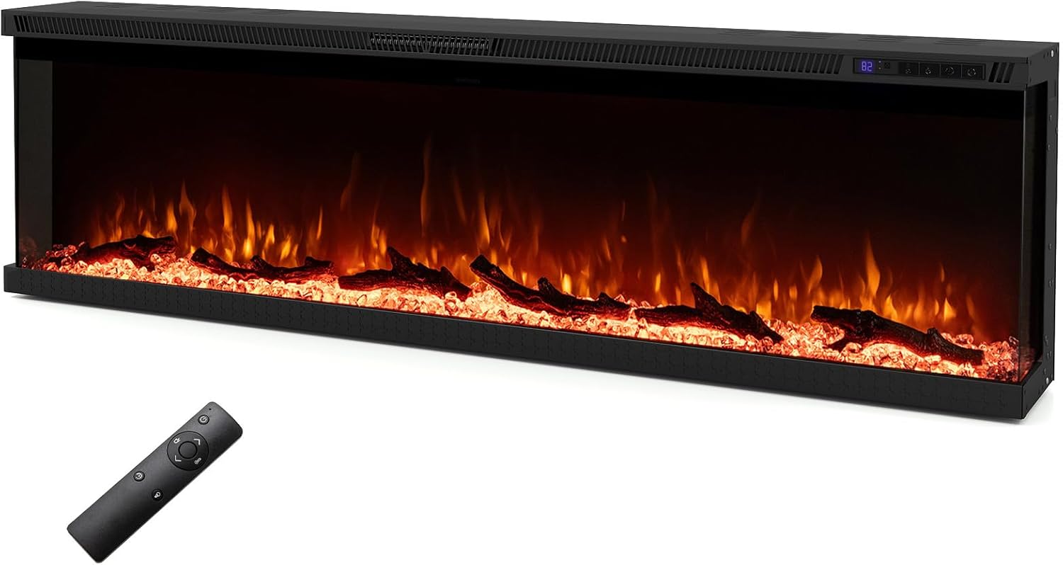 RELAX4LIFE 3-Sided Electric Fireplace Insert - Recessed Wall-Mounted Fire Place Heater w/12 Flame Colors, 5 Adjustable Brightness, Remote Control, Overheat Protection, 750W/1500W, Crystal & Log (60'')