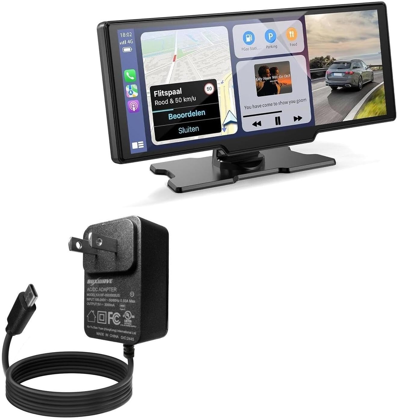 BoxWave Charger Compatible with Kuayvan Wireless Portable Carplay Screen for Car (10.26 in) - Wall Charger Direct (15W), Rapid Charge Your Device with Built-in 3ft Cable