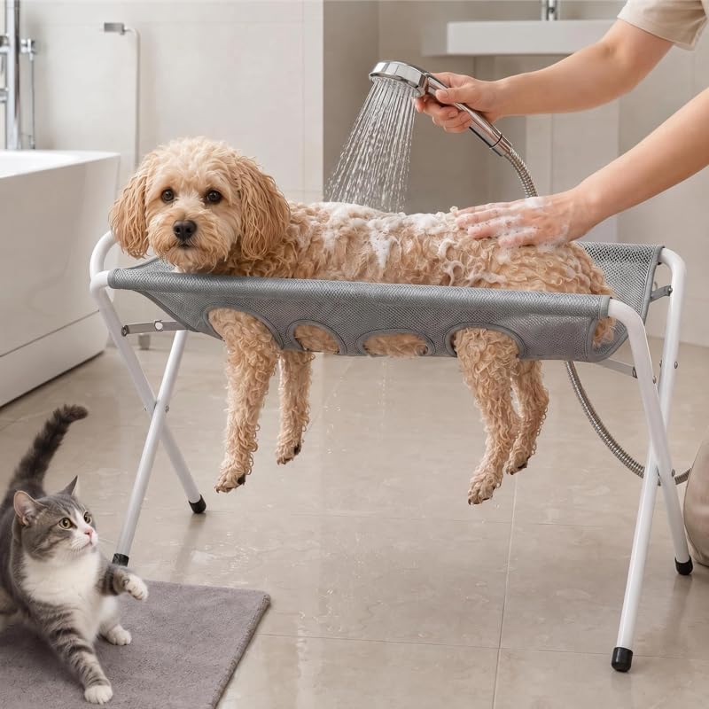 Dog Grooming Hammock Stand, Foldable Dog Bath Holder Sling Shower Chair