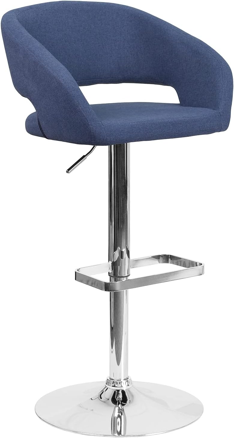 Flash Furniture Erik Comfortable & Stylish Contemporary Barstool with Rounded Mid-Back and Foot Rest, Adjustable Height - Blue Fabric with Chrome Base