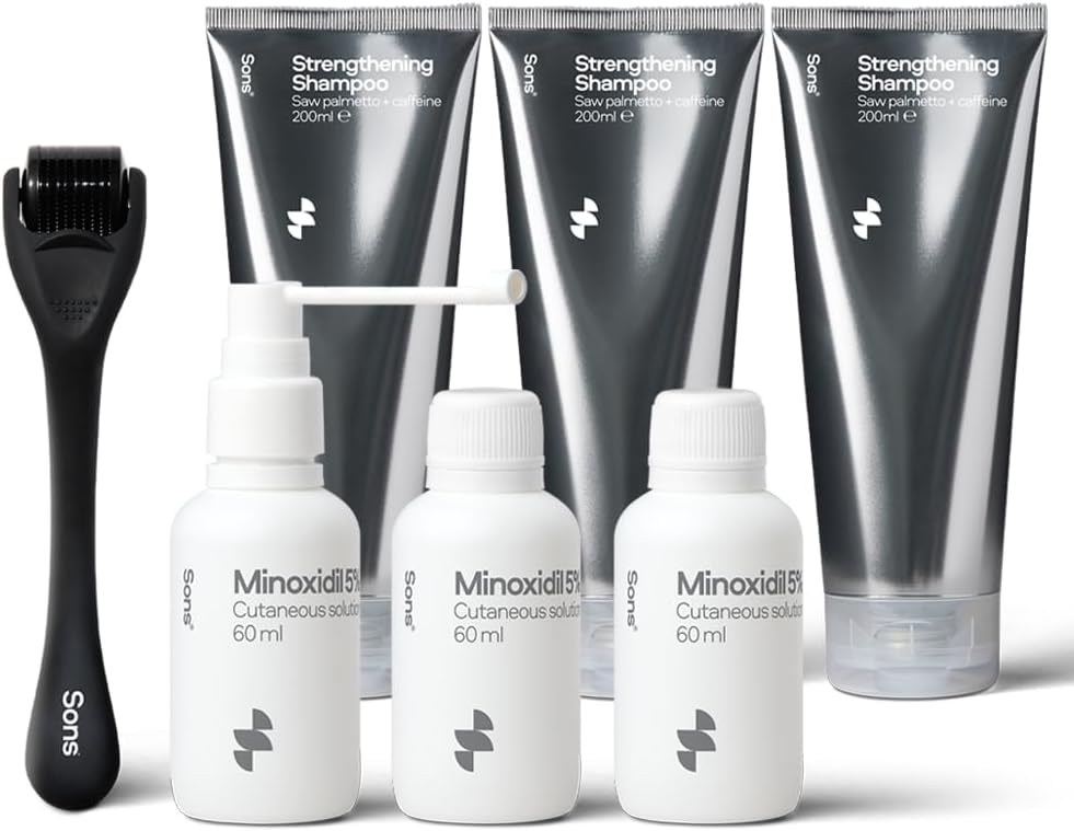 Sons Minoxidil 5%, Strengthening Shampoo and Dermaroller. Hair Regrowth Treatment. Hair Growth Shampoo With Caffeine. Thickening, Anti-Dandruff, DHT Blocker. 3 Month Supply. Made in Europe.