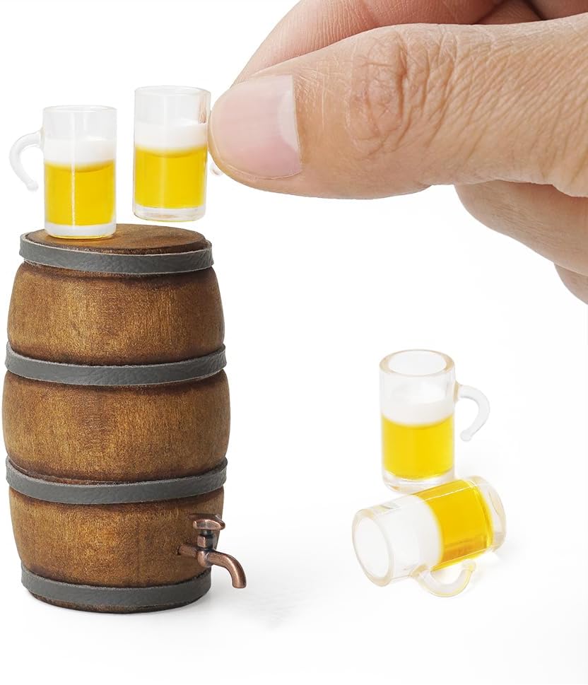 Odoria Dollhouse Beer Barrel and Mugs: 5Pcs 1/12 Scale Miniature Whiskey Aging Barrels for Rustic Garden Farmhouse Vintage Restaurant Bar Kitchen - Mini Drinking Liquor Alcohol Props DIY for Craft