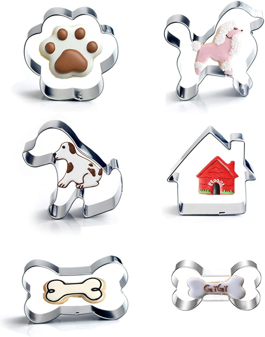 Dog Bone Cookie Cutter Set of 6 pcs- Including Dog Bone, Paw Print, Puppy, Poodle and Dog House Cookie Cutters Shapes, Cute Stainless Steel Biscuit Cutters Fondant Cake Molds