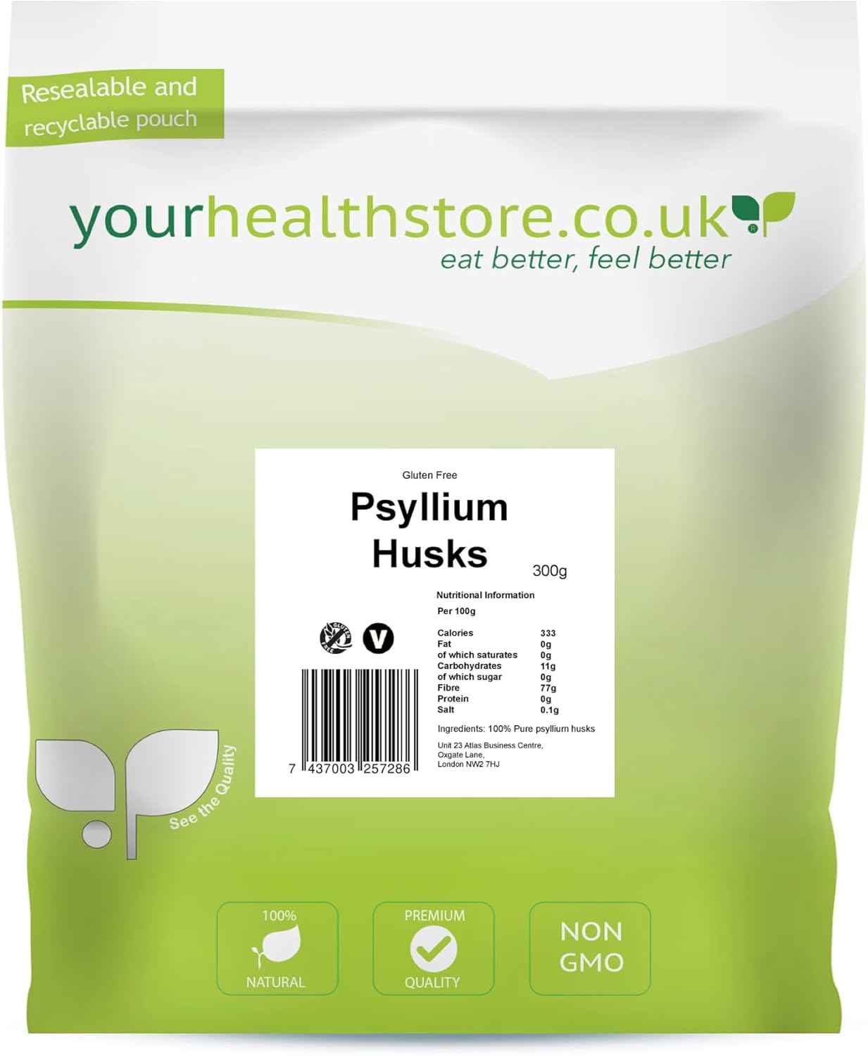 yourhealthstore Blond Psyllium Husks 300g, Whole, Non GMO, Gluten Free, High in Fiber, Vegan, Husks Not Powder, (Recyclable Pouch)