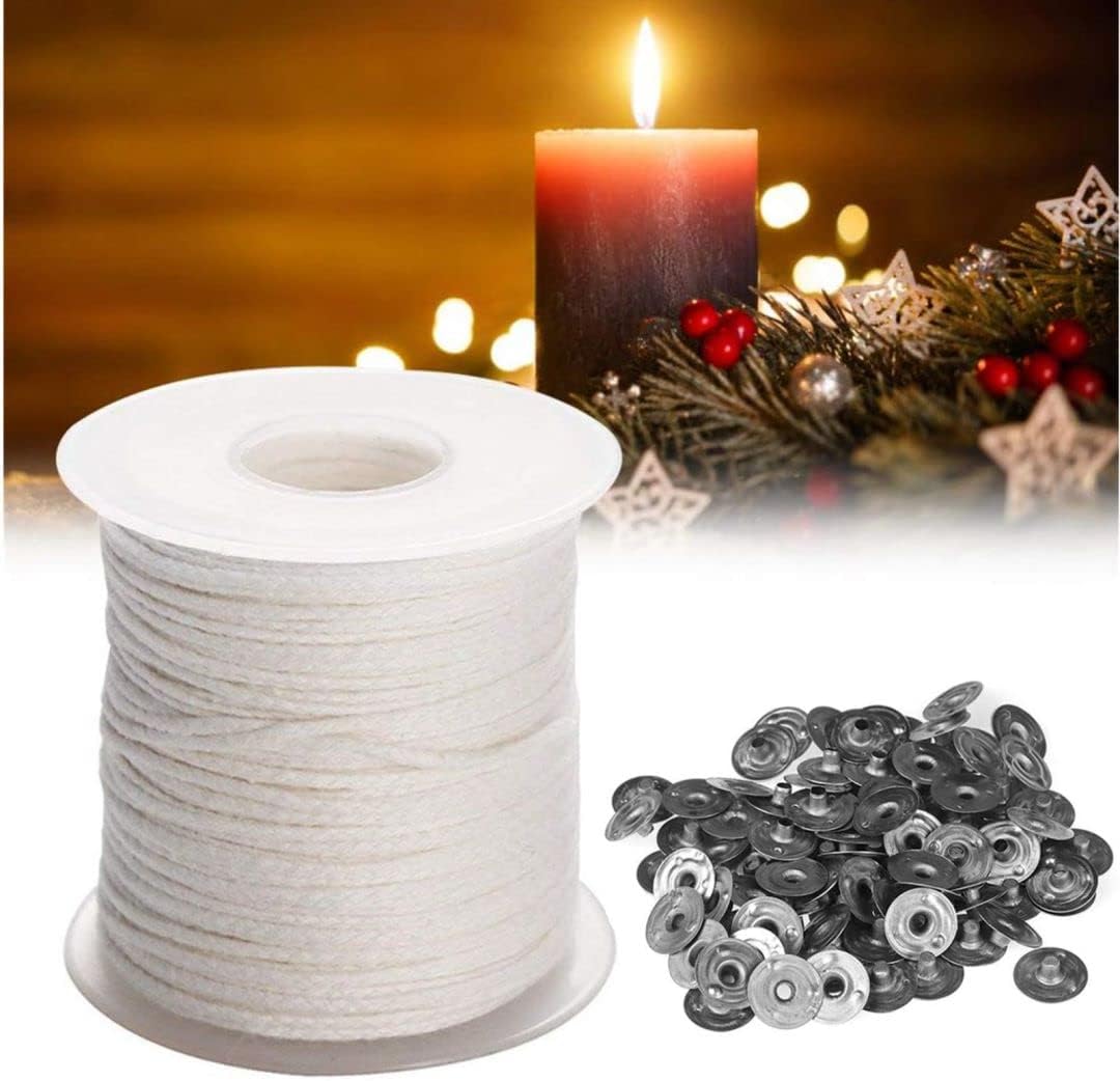 Candle Wicks- Natural Cotton Candle Wick Core 200ft/Roll with 100 Pcs Metal Wick Sustainers Tabs Soy Wax Candle Wicks DIY Craft Candles Making Supplies Kit