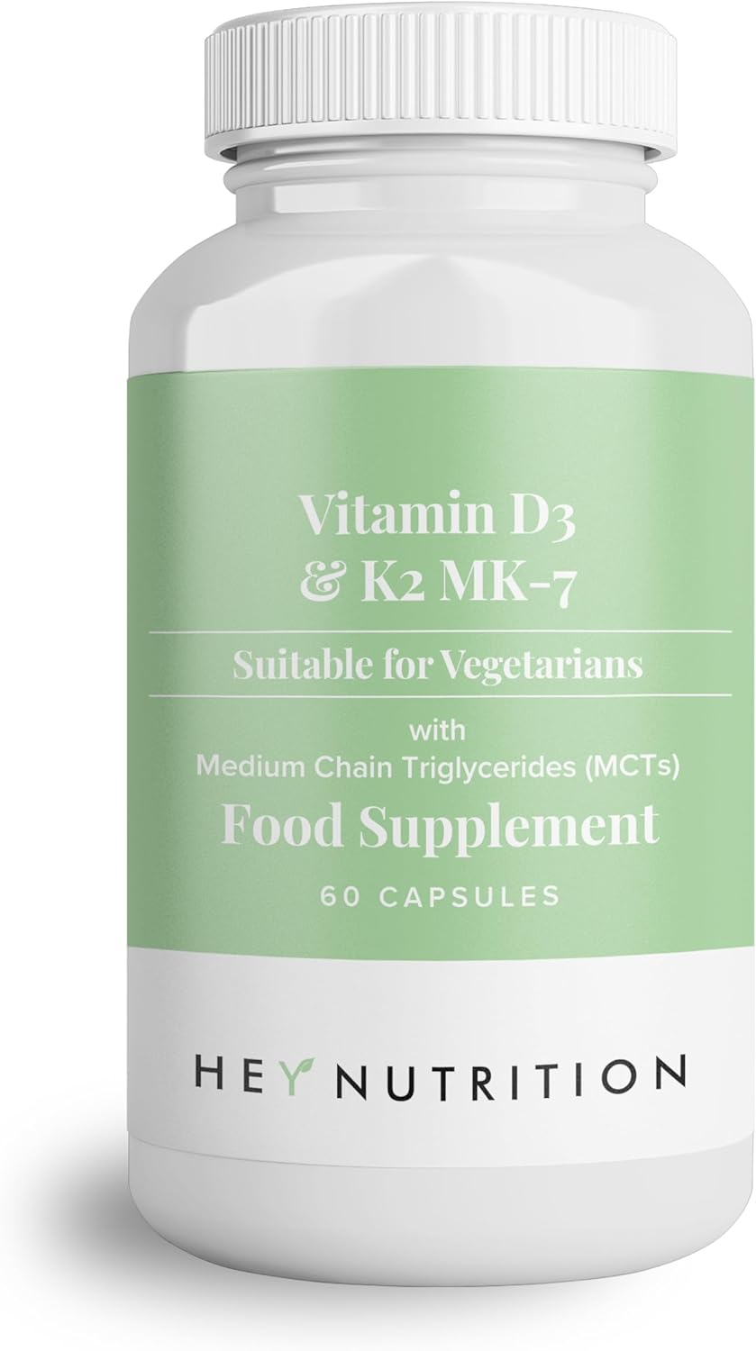 Hey Nutrition Vitamin D3 & K2 MK-7-100ug Each with MCT Oil - Suitable for Vegetarians - Support Healthy Bones, Teeth, Muscles, Immune Function, and Fatigue - Non-GMO, 60 Vegetarian Capsules