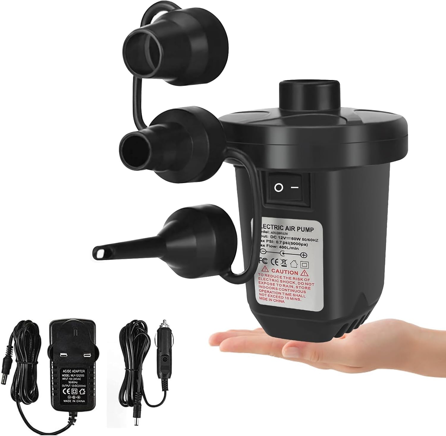 Jsdoin Electric Air Pump,220-240V/130W High Power Electric Air Pump for Air Bed Mattress Inflatables Paddling Pool Beach Toysswimming pool toys, Fill Inflator Deflator with 3 Sizes Nozzle