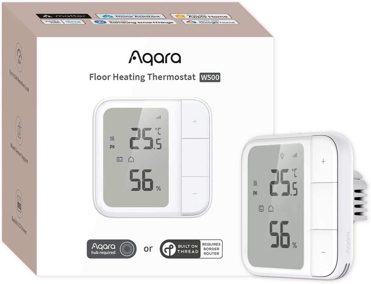 Aqara Thread/Zigbee Floor Heating Thermostat W500, 16A Electric Heating, with NTC Floor Sensor, Multiple Control Methods, Energy Saving, Matter, Supports Apple Home, Alexa, Google, Home Assistant
