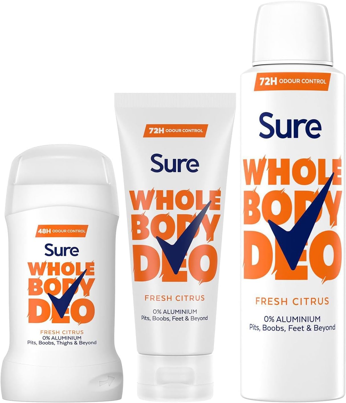 Sure Whole Body Fresh Citrus Bundle of Whole Body Deodorant for Women with Body Spray 150 ml, Deo Cream 75 ml and Stick 50 ml with Fresh and Floral Fragrance
