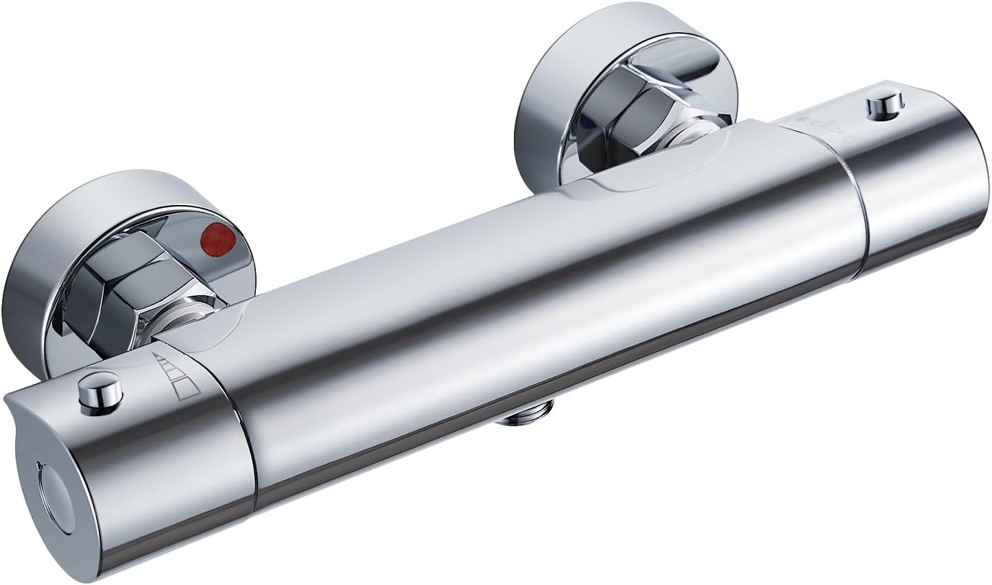 Solepearl Chrome Thermostatic Shower Mixer, Round Wall Mounted Thermostatic Shower Mixer Bar Valve Anti Scald, Modern Solid Brass Hot & Cold Water Mixer Tap Constant Temperature Control for Bathroom