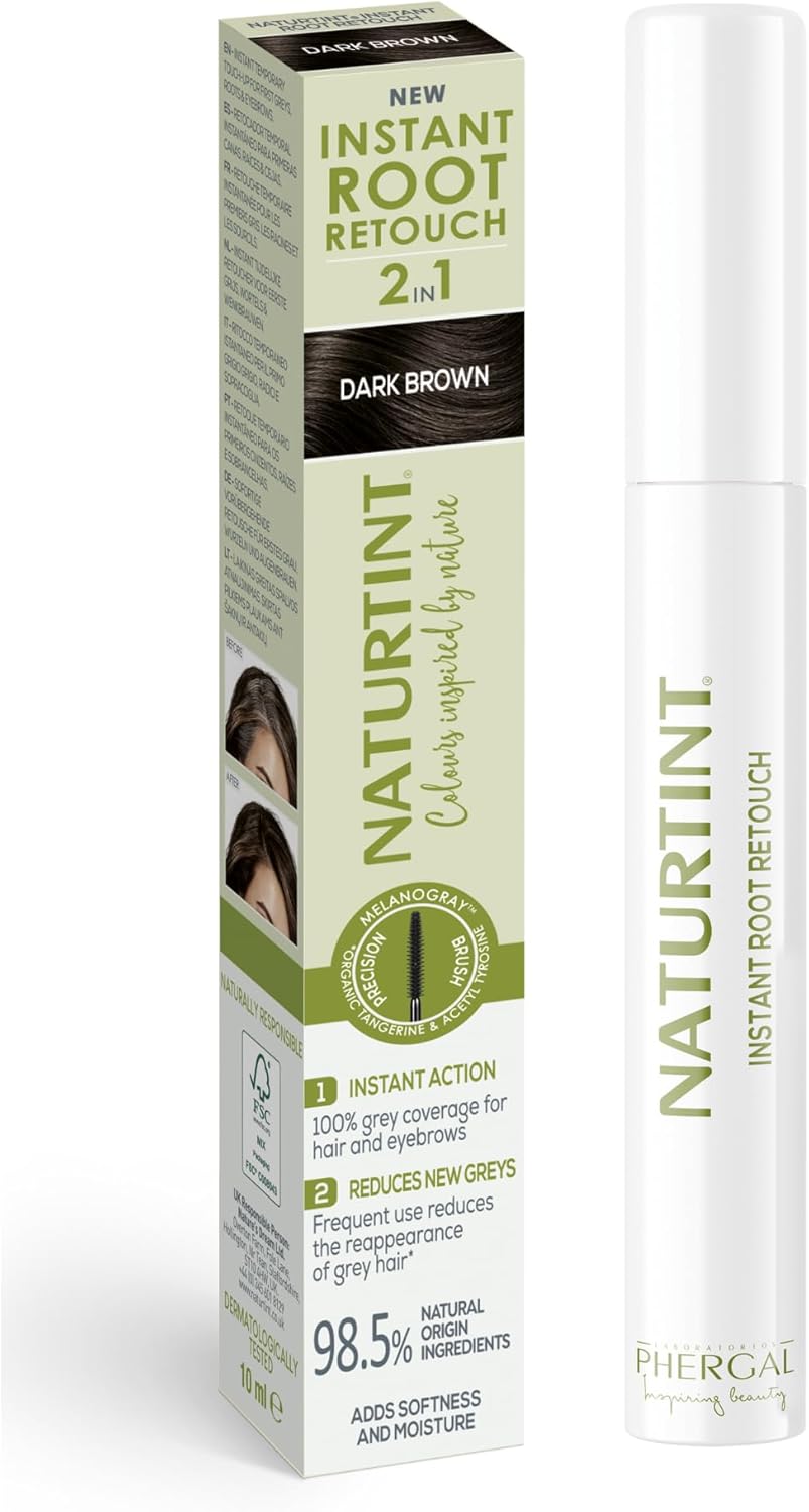 Naturtint 2in1 Instant Root Retouch Dark Brown - temporary colour, instant grey coverage, long-term grey prevention, suitable for eyebrows, prescision brush, fast and easy to apply (10 ml)