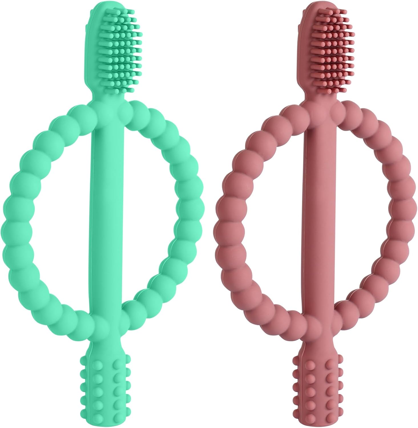 Baby Teething Toys, 2PCS Sensory Chew Toys with Easy-Hold Handle, BPA Free Silicone Teether Chew Toy, Silicone Infant Toothbrush, Soothe Sore Gums, Teething Toys for Babies 3 Months（Red-Green）