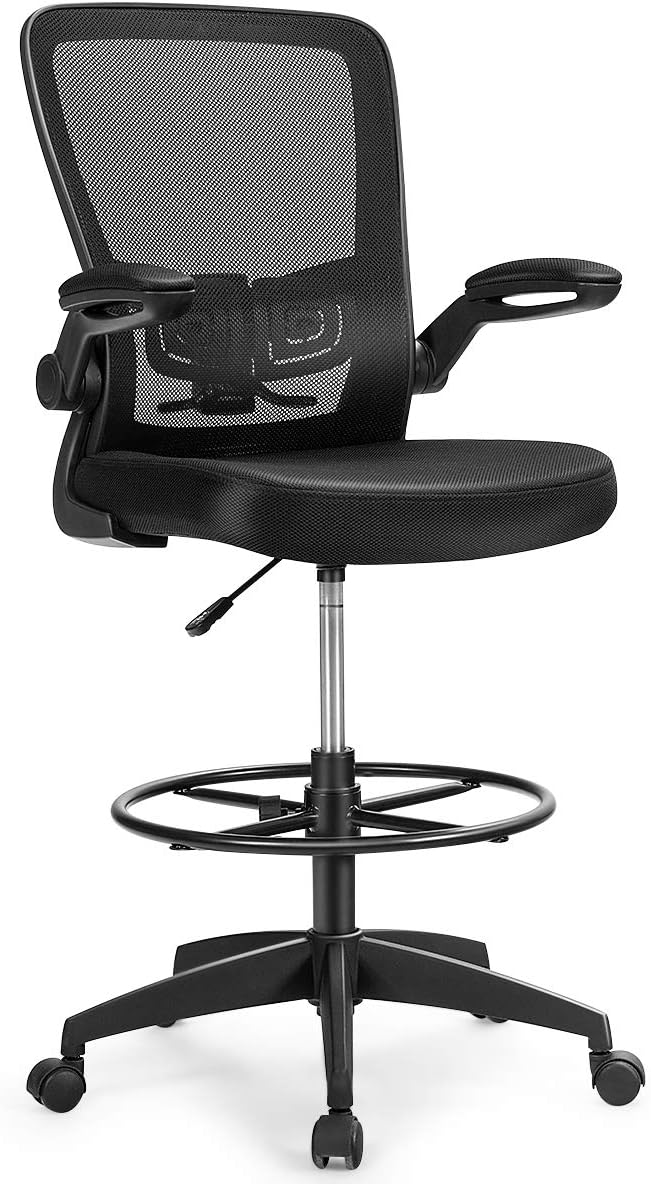 COSTWAY Mesh Drafting Chair, Height Adjustable Swivel Office Chair with Flip-up Armrests, Footrest and Lumbar Support, Ergonomic Rolling Executive Task Computer Desk Chair for Home Office, Black