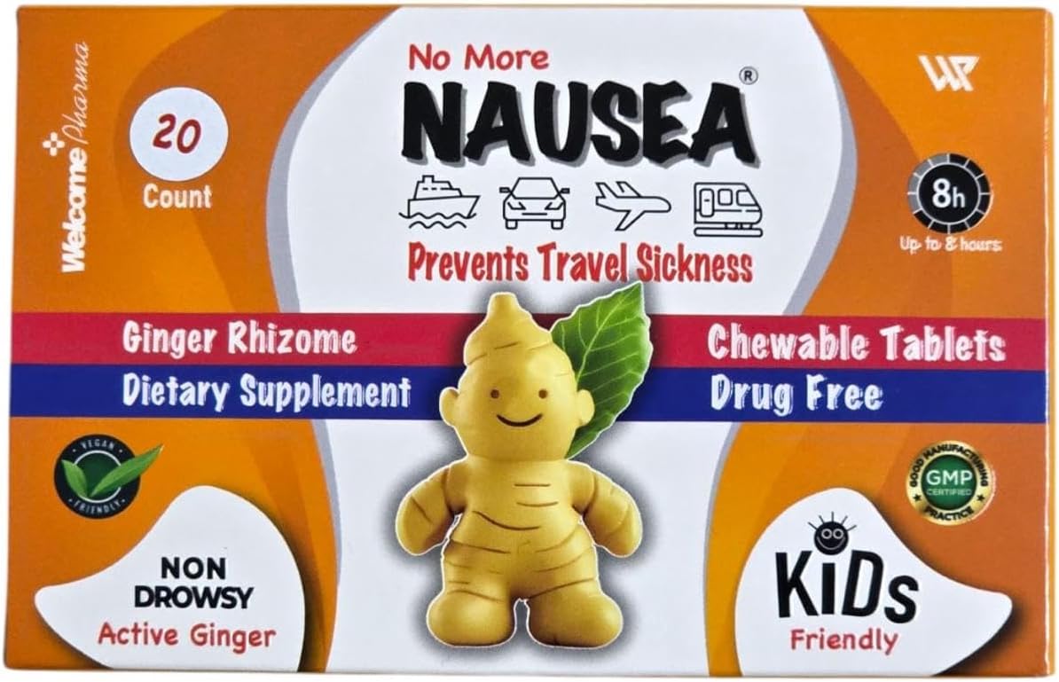 Travel Sickness Tablets — Ginger Tablets for Nausea Relief, Morning Sickness & More — Chewable Motion Sickness Tablet for Kids and Adults (20PCS)