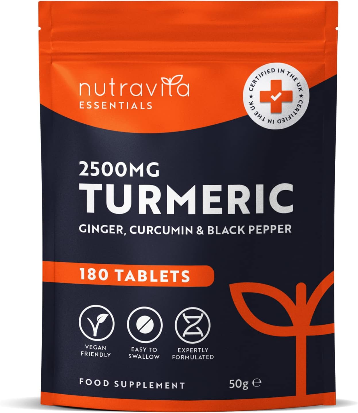 Nutravita Turmeric Tablets 2500mg with Black Pepper & Ginger - 180 High Strength Tumeric Curcumin Supplements (3 Month Supply) - Vegan - Alternative to Capsules - Letterbox Friendly - UK Made