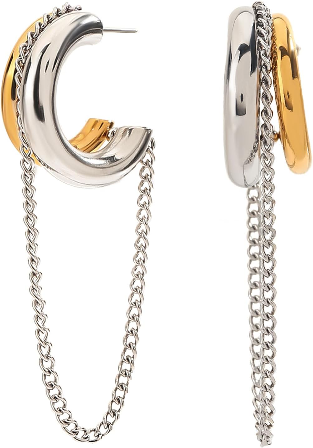 Silver Chain Tassel Hoop Earrings for Women Trendy Two Tone Dangling Chain Earrings Jewelry