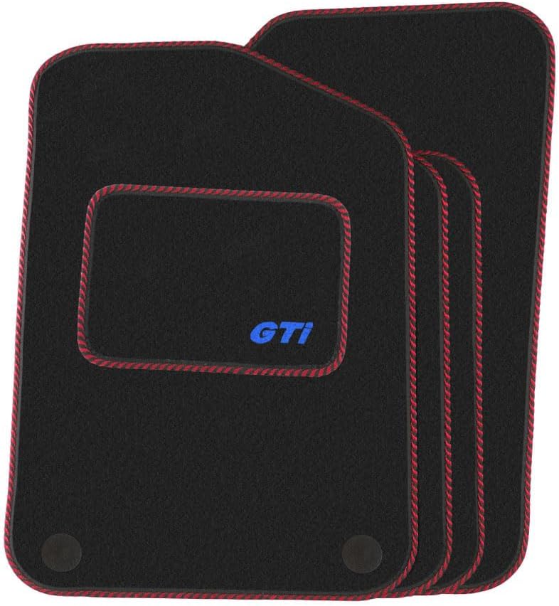 Precision - Tailored Car Mats - Intended for Volkswagen Golf MK7 2013-2020 with a Blue GTi Logo - 4 Piece Set - Non-Slip Floor Mats - Black Carpet - Red Twist Trim - Fittings Clips