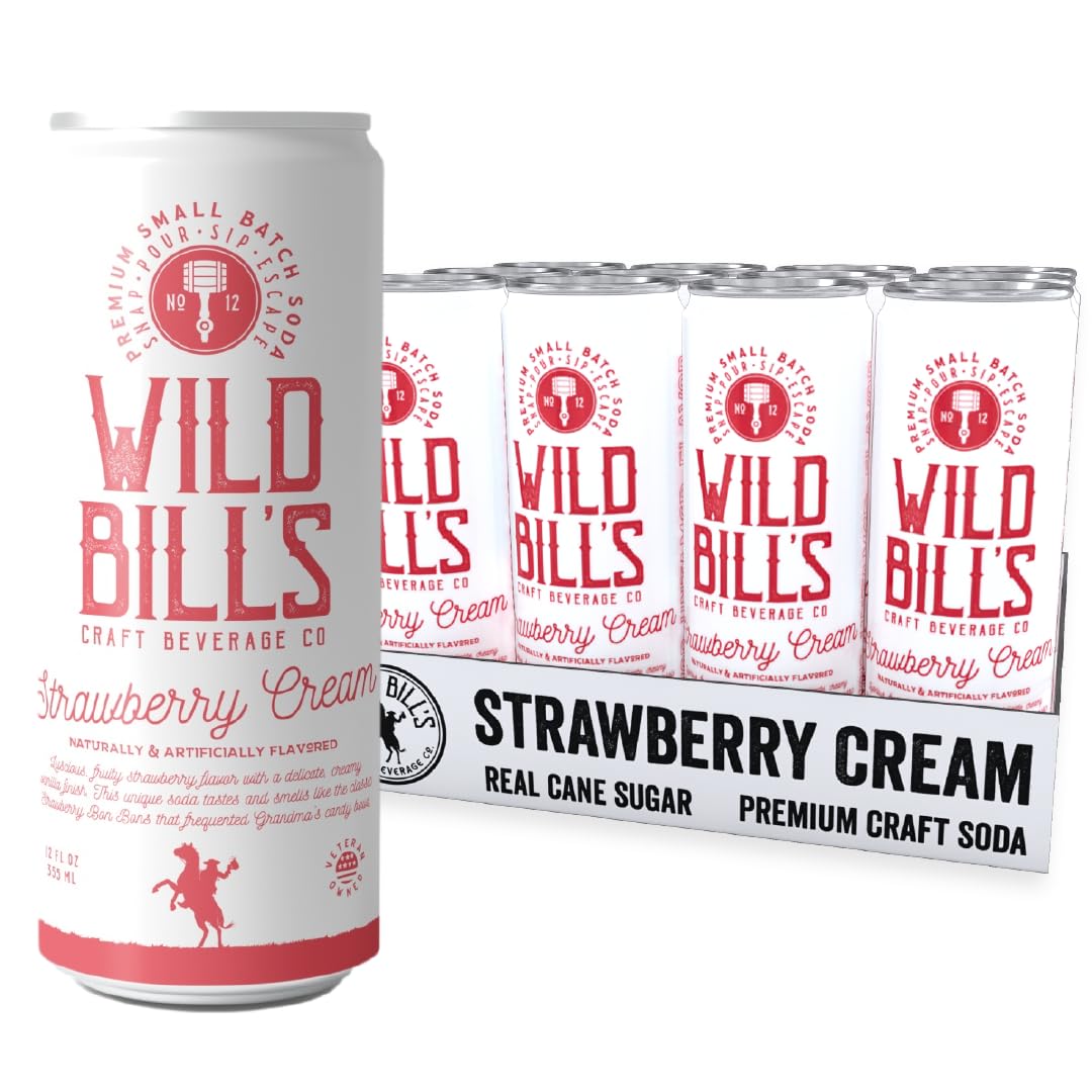 Wild Bill's Strawberry Cream Soda Classic Craft Soda Pop Soft Drinks, Sodas Made with Pure Cane Sugar, Caffeine Free, NO High Fructose Corn Syrup, Gluten Free, Vegan, Low Sodium, 12 Oz 12 Pack