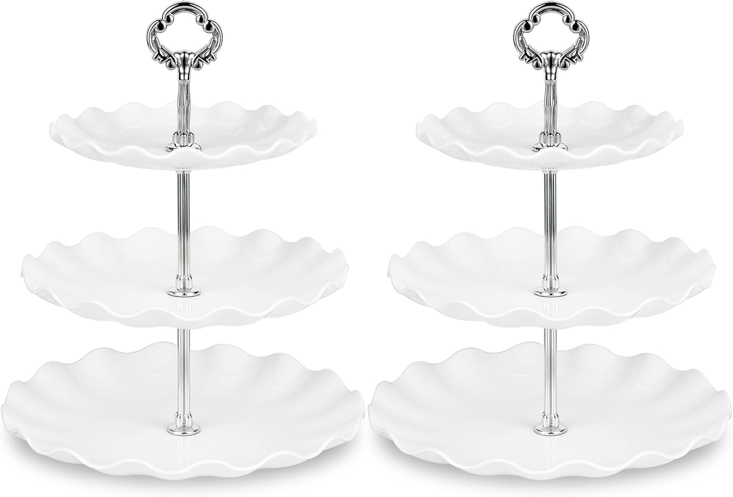 NWK Pack of 2 Large Stable 3-Tier Cupcake Stand 30cm Height Plastic Cake Stand Food Round Display for Wedding Birthday Graduation Afternoon Tea Party (Silver, Large)