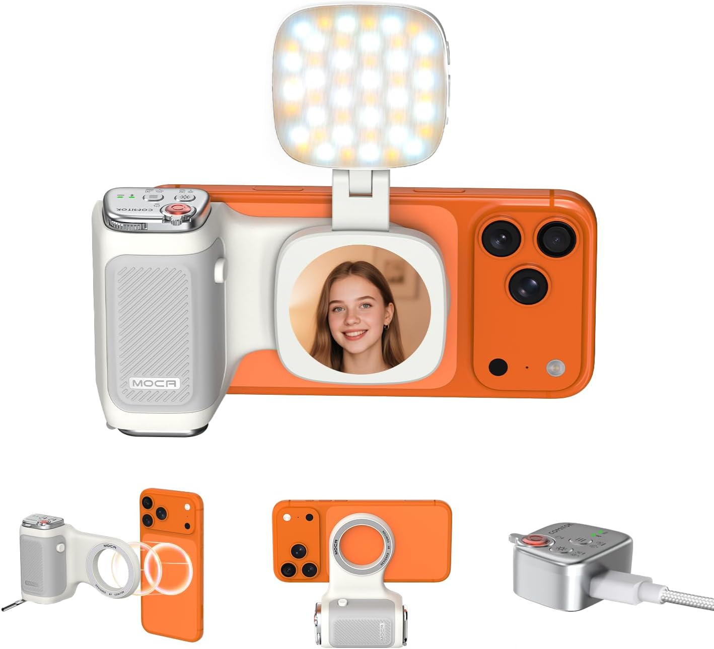 COMITOK iPhone Camera Grip MOCA with Magnet Fill Light & Mirror for 17 Pro iOS26 Native Camera, Fun Shot Magnetic Grip for Phone Compatible iOS17 and iOS18 with Anti-Drop Detachable Remote & Keychain