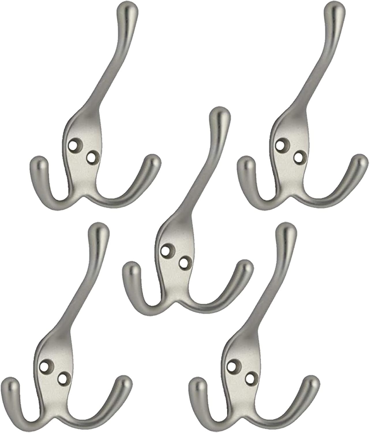 QCAA Premium Quality Coat Hat Hook with Three Prongs, 4", Zinc Die Cast, Satin Nickel, 5 Pack, Made in Taiwan