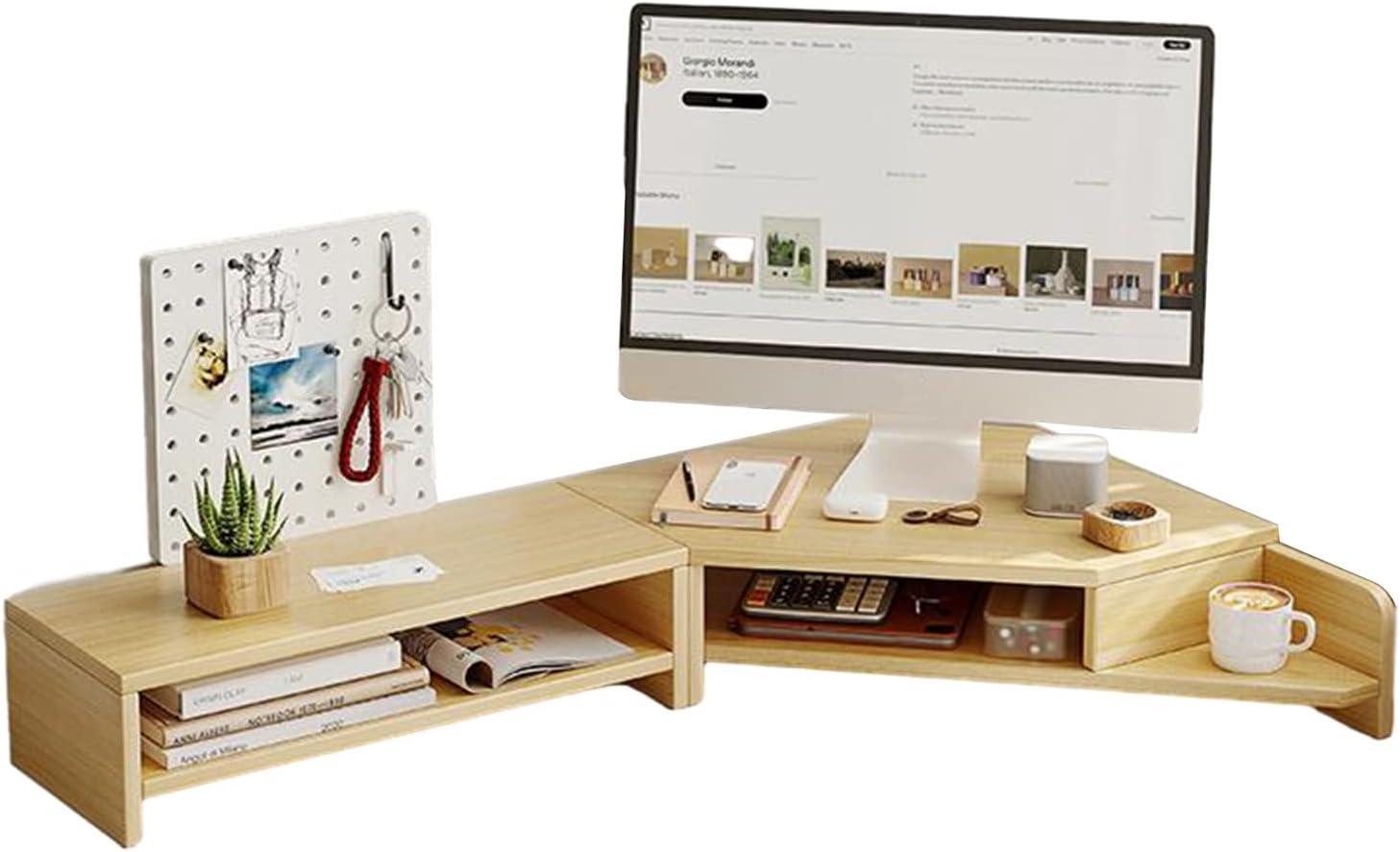 Wooden Corner Monitor Stand, L-Shaped Large Computer Riser, With Slots For Desk Organization - Corner Laptop Stand And Monitor Support Desk Organizer