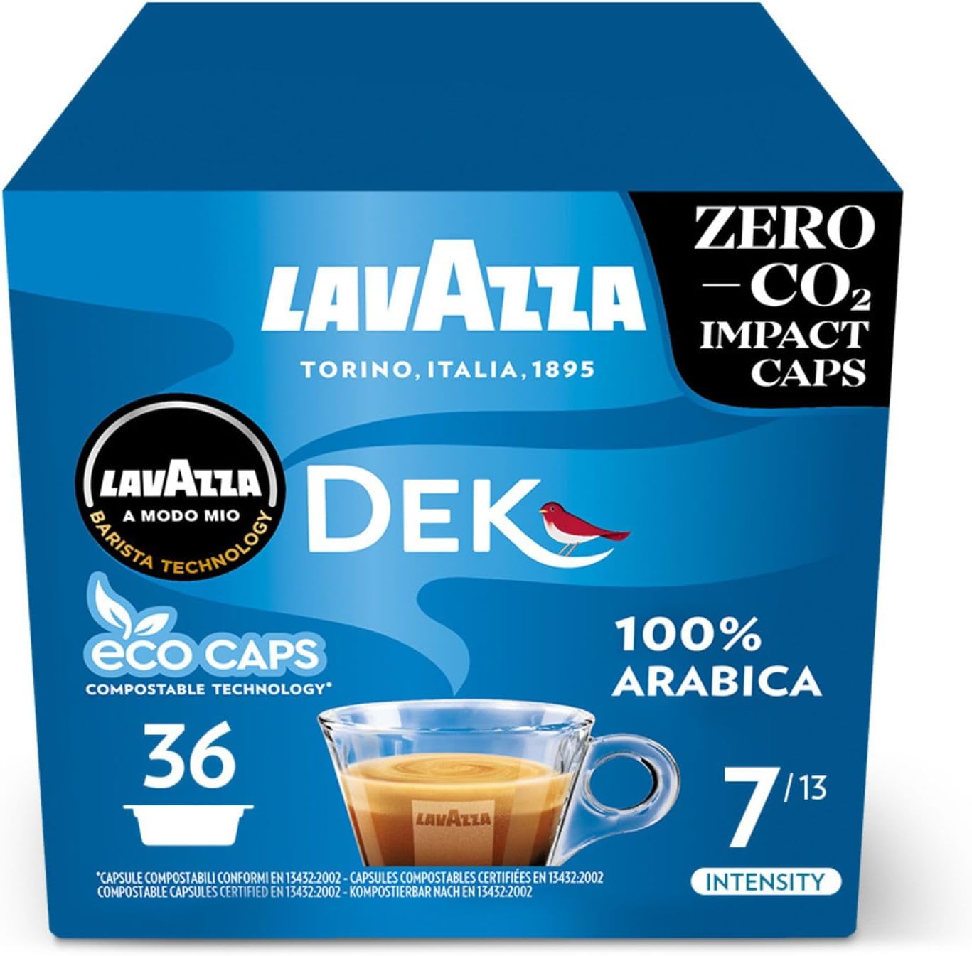 Lavazza, A Modo Mio Dek Cremoso Coffee Capsules, Decaffeinated Coffee Pods Espresso, 100% Arabica, Full and Balanced Taste, Intensity 7/10, Medium Roasting, Compostable, 36 Coffee Capsules