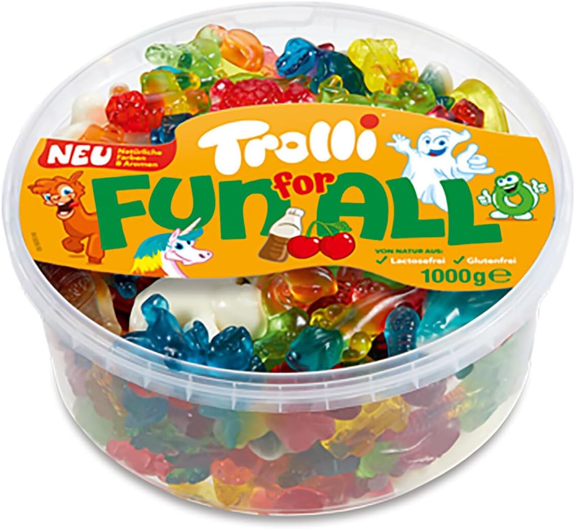 Trolli Sweets 1kg Tub Fun For All Occasions Lactose Free Gluten Free Party Size 30 different fruit gum and marshmallow sweets in 6 fruity flavours