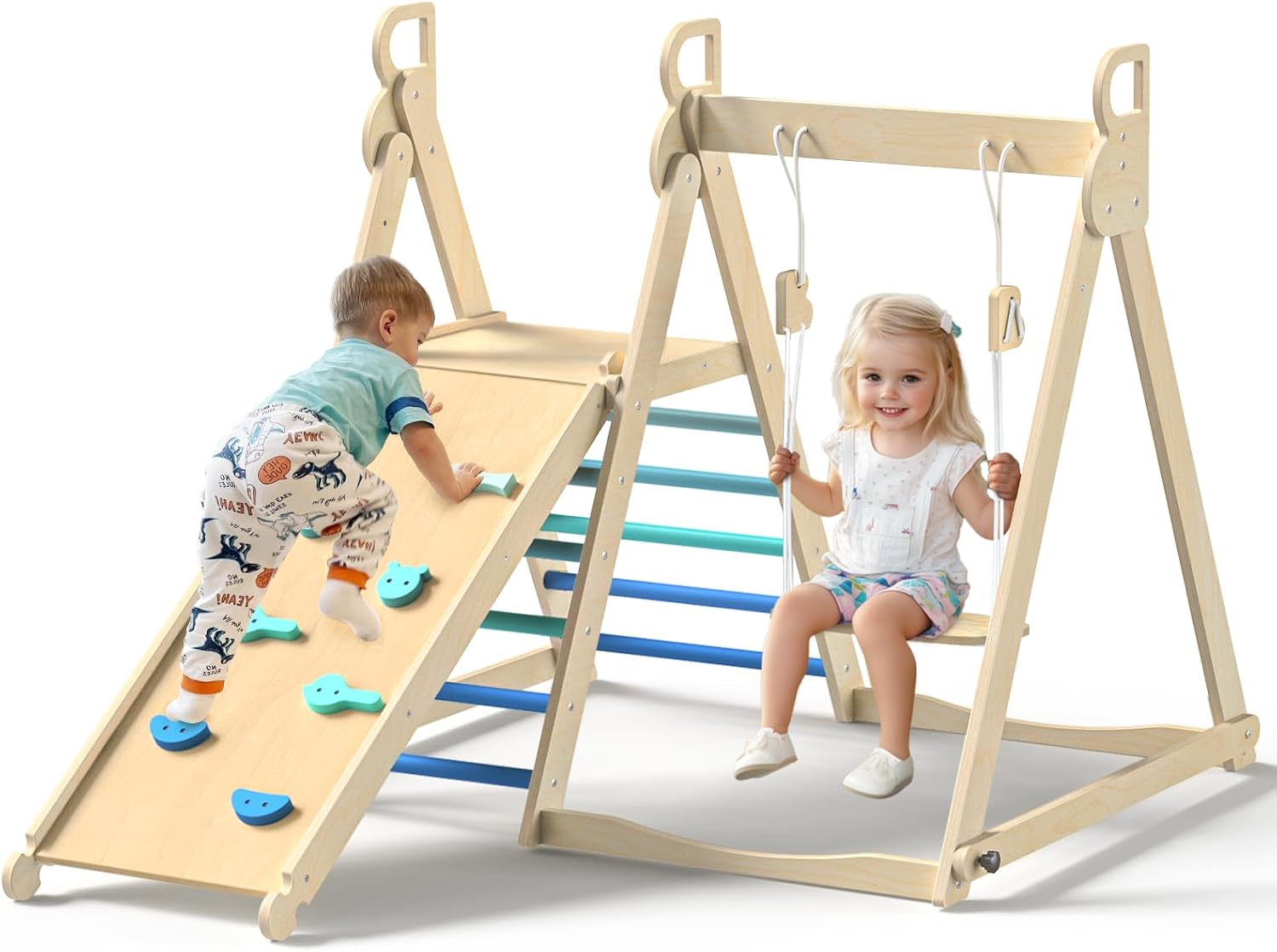 BlueWood 4 in 1 Indoor Jungle Gym, Foldable Wooden Climbing Set with Swing, Slide, Ladder and Climbing Wall, Montessori Philosophy Climber Playset for Kids Aged 2+ (Sky Blue)