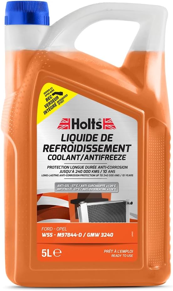 Holts HAFR0010B Antifreeze Coolant for Car Ford Vaux Opel, WSS-M97B44-D/GMW 3240, 10-year 300k mile long life, protection to -37°C, Includes Spout, Orange, 5 Litre