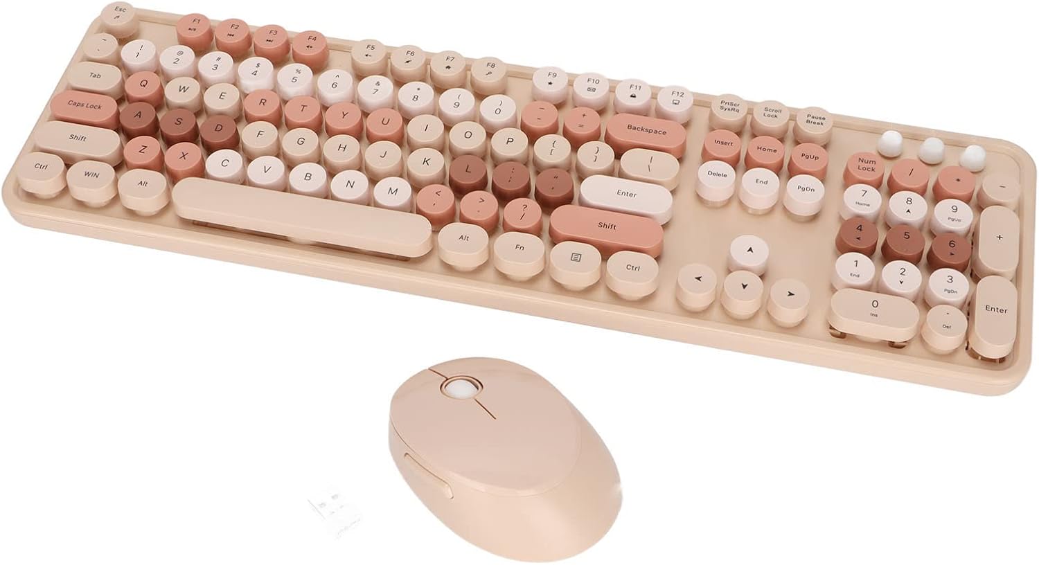 Wireless Keyboard and Mouse Combo, 2.4G Wireless Portable 104 Keys Retro Round Keycaps Keyboard Typewriter Style, 1600DPI Quiet Keyboard Set, for Windows XP 7 8 10(sweet milk tea color mixed color)