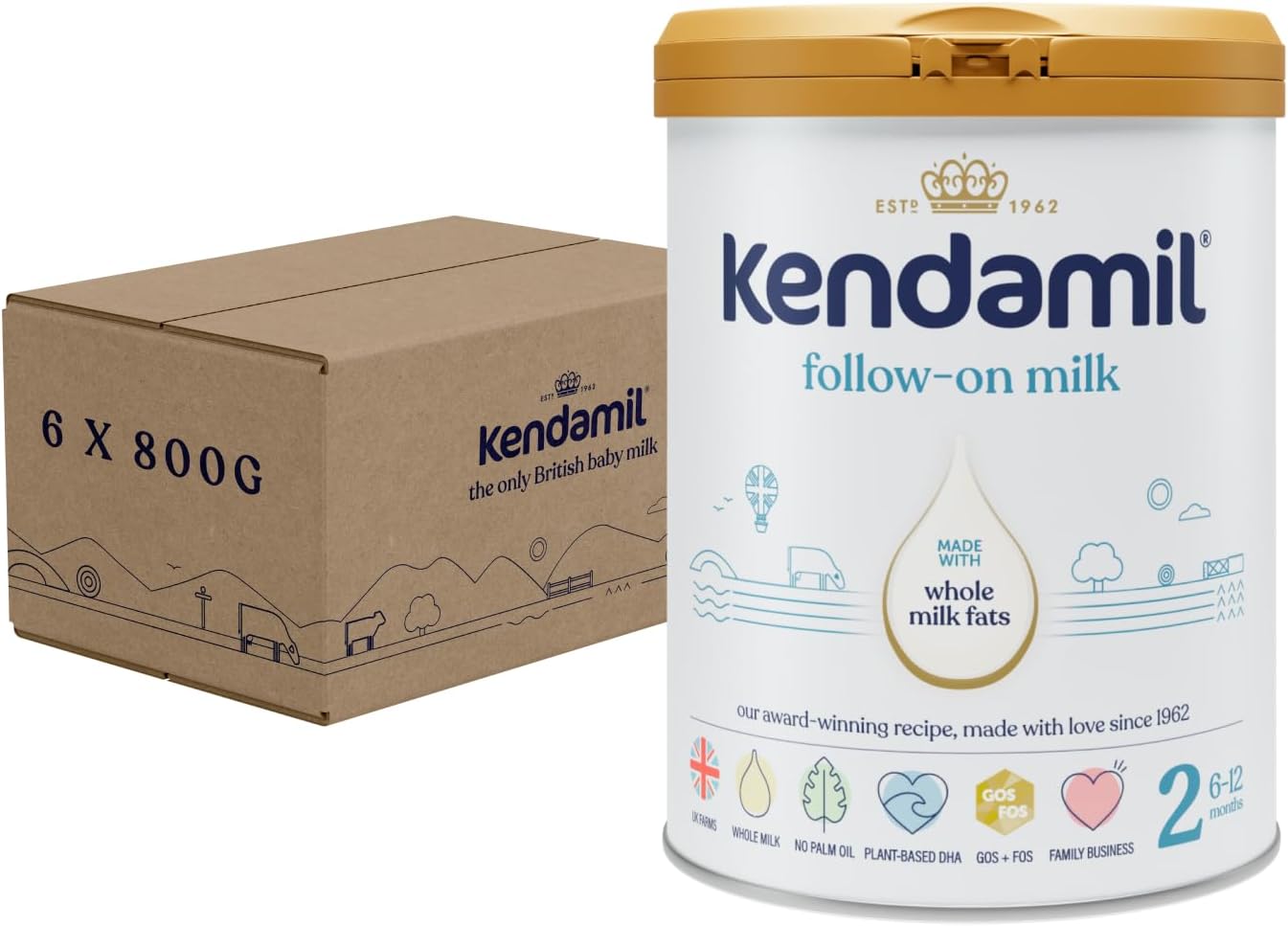 (6x800g) Kendamil Follow-On Milk 6-Pack, Stage 2, 6-12 Months – British Made, Whole Milk Formula – Vegetarian, No Palm Oil, No GMOs – with Omega 3 DHA, Omega 6 ARA and Prebiotics