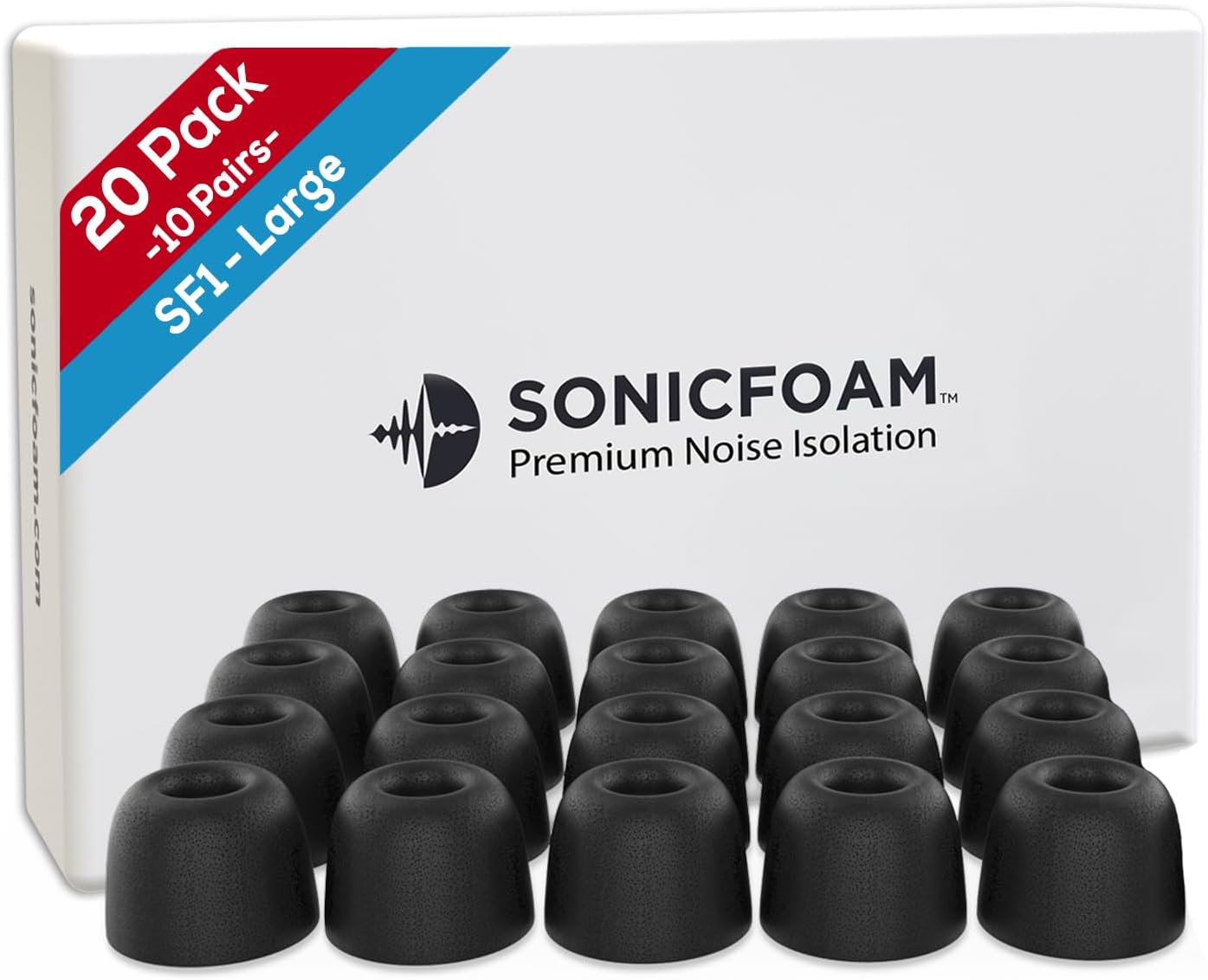 SONICFOAM Memory Foam Earbud Tips - Premium Noise Isolation, Replacement Foam Earphone Tips, 20 Pack for in Ear Headphone Earbuds (SF1 Large, Black)