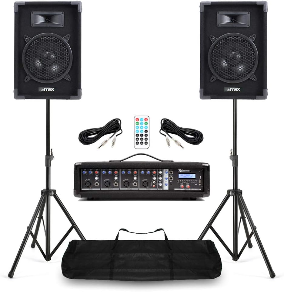 Compact Band PA System with 8" Passive Speakers, 4 Channel Powered Mixer, Bluetooth & Tripod Stands – Portable PA for Singers, Bands, DJs, Church & Events, Complete Live Sound Package