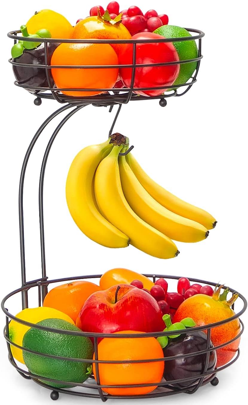 Auledio 2-Tier Countertop Fruit Vegetables Basket Bowl Storage With Banana Hanger, Brone