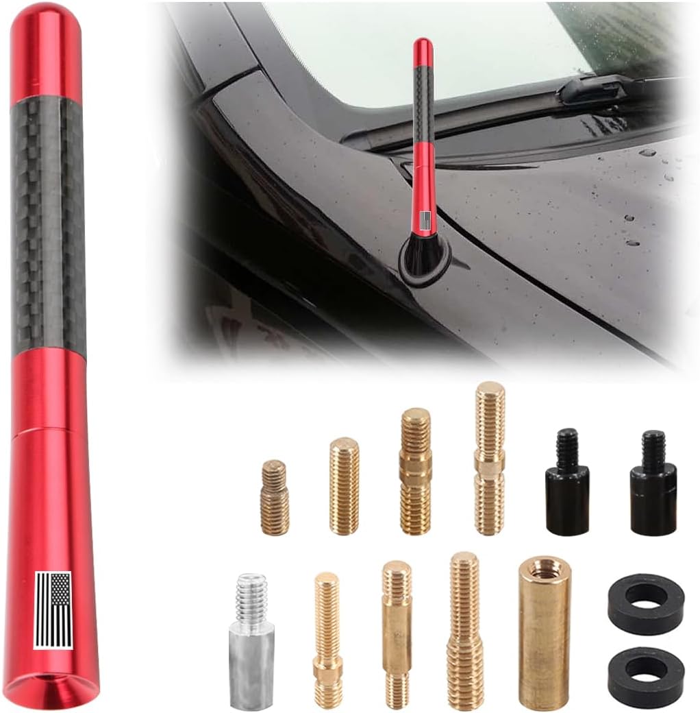 BESULEN Car Short Antenna, 4.7 Inch Carbon Fiber American Flag Aluminum Auto Radio Antenna for AM/FM Reception, Universal Replacement Car Antenna with 9 Adapters, 2 Screws, 2 Rubber Rings