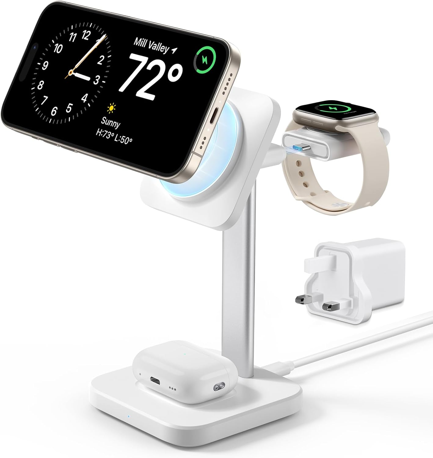 ESR 3-in-1 Wireless Charger Stand with MagSafe, Removable Made for Apple Watch Certified Charger, MagSafe Charging Station, Magnetic Charger for iPhone 16/15/14/13/12 Series, AirPods 4/3/Pro, White