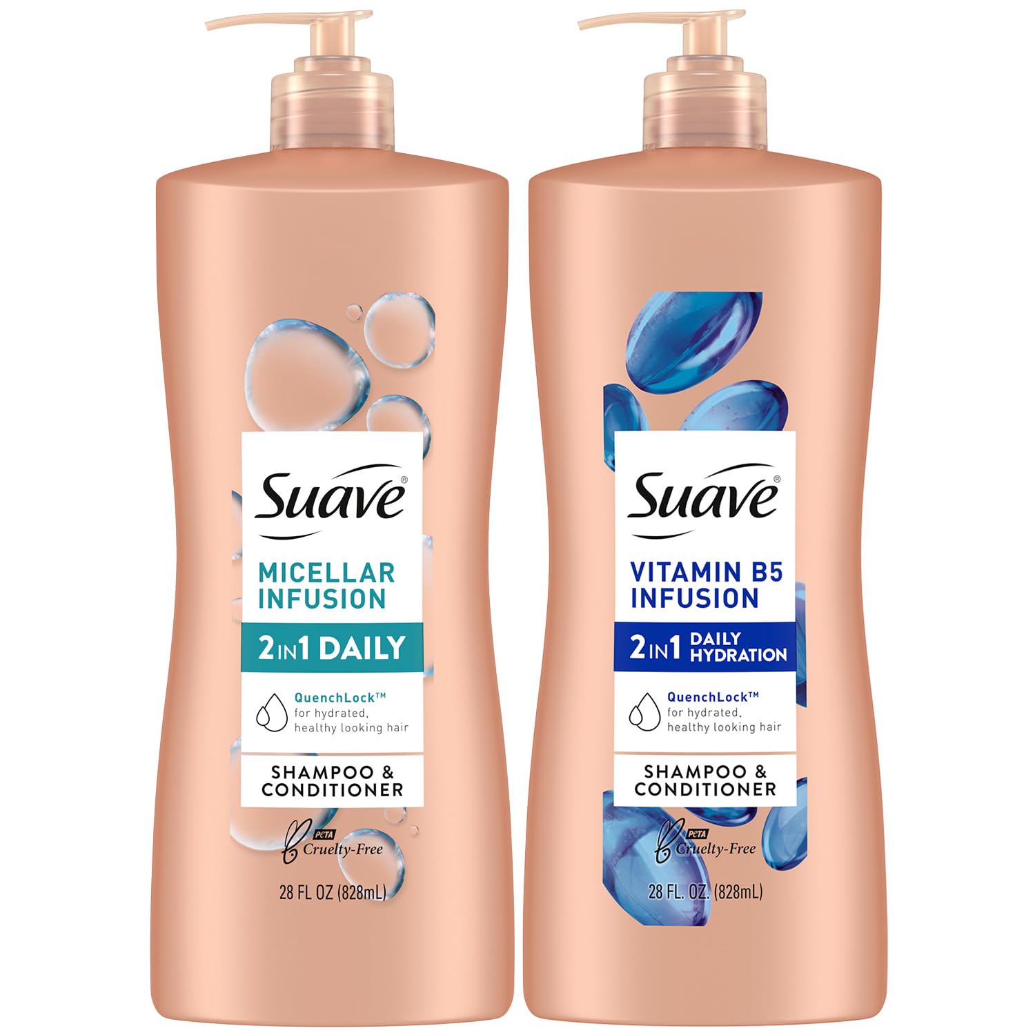 Suave Shampoo and Conditioner 2-in-1 Variety 2-Pack – Micellar Infusion & Vitamin B5 Infusion for All Hair Types, 28 Oz Ea